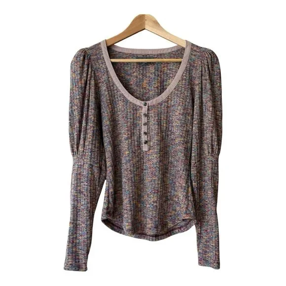 Anthropologie Top Women's Size Small Puff Sleeve Knit Henley‎ Top Space Dyed - Picture 4 of 8